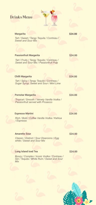 The Pink Flamingo Drinks Menu, inside page