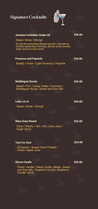 The Pink Flamingo Drinks Menu, inside page