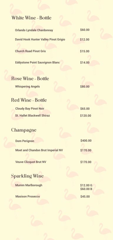 The Pink Flamingo Drinks Menu, back page