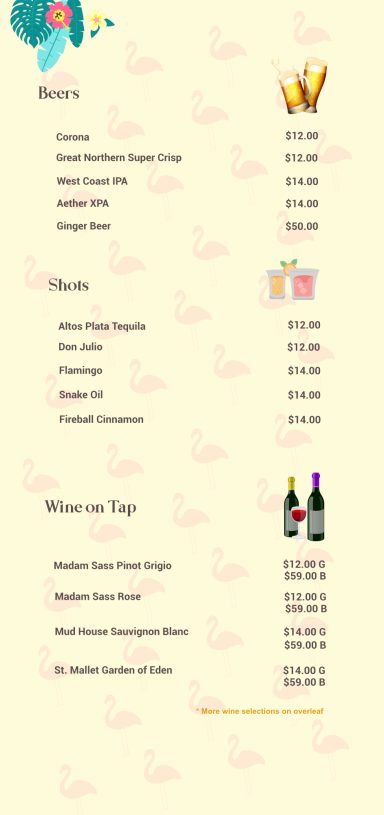 The Pink Flamingo Drinks Menu, inside page